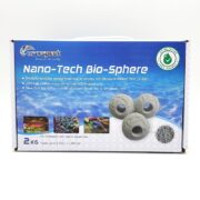 Box of Maxspect Nano-Tech Bio-Sphere water treatment beads, showing product images and details. Blue and white packaging states it treats up to 5,700 L/1,500 Gal for freshwater and marine aquariums.