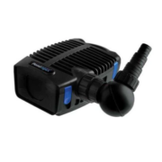 The PONDMAX Submersible Filtration/Waterfall Pump is compact and black with a ribbed rectangular design and blue accents. It features a large round outlet with a detachable nozzle, making it perfect for aquatic or garden use.