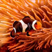 A clownfish with orange, white, and black stripes swims among the orange tentacles of a sea anemone in a brightly colored underwater scene.