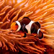 A clownfish with orange and white stripes swims near vibrant orange sea anemone tentacles underwater.
