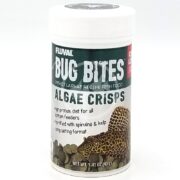 The FLUVAL BUG BITES ALGAE CRISPS 1.41 oz (40 g) features a leopard-patterned fish on its label and is an insect larvae recipe for fish food with high protein content, spirulina, and kelp in a long-lasting format.
