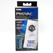 The image showcases the FLUVAL PRO VAC REPLACEMENT PAD 4 PK. It emphasizes dual-layer cleaning power for effective debris trapping, marketed as a value pack with 3+1 units. The blue and white design makes it perfect for fluval pro vac replacement needs.