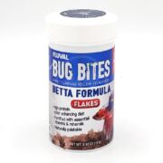 A white container of Fluval Bug Bites Betta Formula Flakes fish food, featuring a blue label with an image of a betta fish and product benefits like high protein and color-enhancing diet listed.
