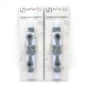 Two packaged UNS DELTA DOUBLE VALVE CONNECT products are showcased. The clear packaging highlights the gray and white valves with detailed control levers, ideal for aquariums. Schematic designs in the background add precision to the display.