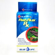 Blue Life FishFlux Rx product box, featuring images of fish, a medical cross, and text highlighting features like Reef Safe, Easy to Use, Treats Fungus, and Veterinarian Approved on a blue and white background.