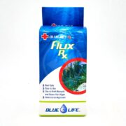 A box of Blue Life Flux Rx aquarium treatment, featuring a blue and white design, a photo of underwater plants, and text highlighting its reef safety, easy use, and effectiveness against algae.