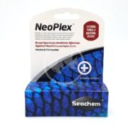 The SEACHEM NEOPLEX 10 GM (0.35 OZ) is a trusted broad-spectrum antibiotic for marine and freshwater use, effectively treating external fungal and bacterial diseases. Its packaging features a blue, textured design with a medical cross symbol.