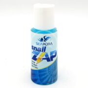The 1 oz SEAPORA SNAIL ZAP bottle features vibrant blue liquid and a charming snail design on its label. Safe for fish, plants, and bio-filters, it comes with a white cap and effectively handles aquarium snail issues.