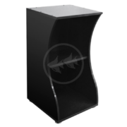 A black, modern, curved display stand or podium with one inner shelf and an open front, featuring a smooth, glossy finish.