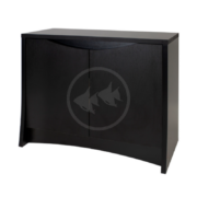 A modern, rectangular black wooden cabinet with two doors and slightly curved edges, standing on four short legs.