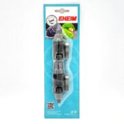 The EHEIM 4003412 9/12 Double Valve Disconnect, for aquarium filtration systems, is packaged with connectors and two gray plastic fittings on a blue cardboard backing, featuring the EHEIM logo at the top.