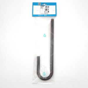 A large, black, U-shaped metal hook is sealed in a clear plastic bag with a blue and white label at the top, lying against a white background.