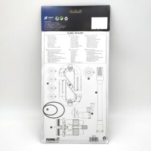 Back of a Fluval 107 & 207 aquarium filter kit package, showing a diagram with labeled parts and their corresponding numbers, along with text instructions in multiple languages at the top.