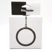 A product box labeled MagFeeder with a black and white design, featuring an illustration of a circular magnetic ring feeder hanging from a hook in the center of the package.