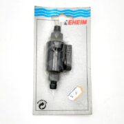 The image shows an EHEIM 4003512 9/12 SHUT OFF VALVE in black plastic, packaged on a white display card with a barcode and price tag. The packaging features a blue wave design at the top.