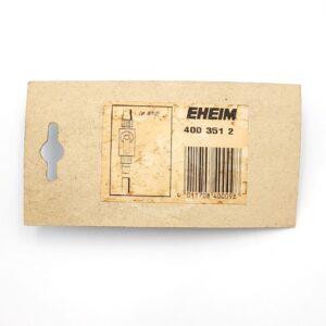 A cardboard tag displays the EHEIM logo, a barcode, and model number 400 351 2. The left side features a diagram of the EHEIM 4003512 9/12 SHUT OFF VALVE, blending branding with functionality.