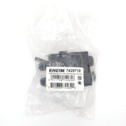 A small black Eheim 7428718 aquarium part is sealed in a clear plastic bag with a white label showing the barcode, product number, and manufacturer details.