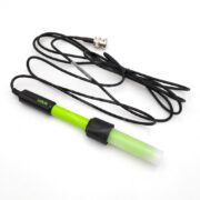 A green and black electronic sensor probe with a long black cable and connector, placed on a white background.