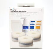 The image shows a biorb Service Kit Plus Water Optimiser box containing three filter kits, a bottle of water optimiser, and several packets, displayed with product images and multilingual text on the front.