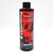A black 250 ml bottle of Brightwell Aquatics Phosphate remover, labeled for marine fish and reef aquaria, with red coral graphics and bold white and red text.