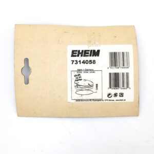A beige EHEIM product label displays the code 7314058, a barcode, a simple line drawing of an aquarium part, and the text Made in Germany along with company address details.
