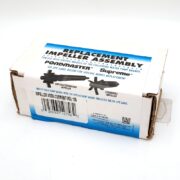 A white and blue box labeled Replacement Impeller Assembly for Pondmaster Supreme water pumps, with product details and a barcode visible on the side. The box is slightly worn and has a folded tab.