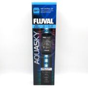 A retail box of the Fluval Aquasky App Control LED aquarium light, displaying key features like adjustable light spectrum (3000-25,000K), 12 watts power, fits 15-24 tanks, and Bluetooth control.