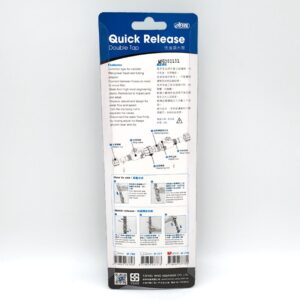 The image shows the back packaging of a Quick Release Double Tap aquarium accessory. It includes product features, usage instructions, diagrams, and company information on a white and blue background.