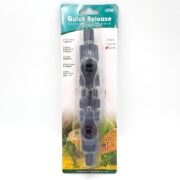 A packaged Quick Release Double Tap aquarium valve with size options (9mm, 12mm, 16mm) is displayed against a green and yellow background with images of fish. Text and product features are detailed on the packaging.