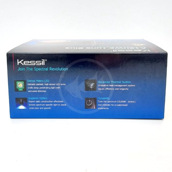 A Kessil product box with marketing text highlighting features such as dense matrix LED, superior optics, advanced thermal system, and tunability. The box is mostly black with blue accents and white text.