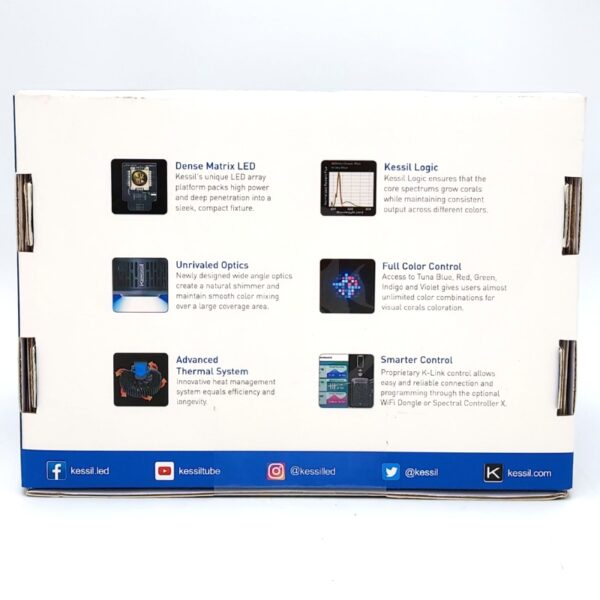 The back of a Kessil product box describing features like Dense Matrix LED, Kessil Logic, Unrivaled Optics, Full Color Control, Advanced Thermal System, and Smarter Control, with small icons and the brands social media links.