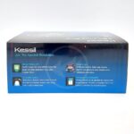 A Kessil product box with blue and black gradient design, featuring descriptions of features like Dense Matrix LED, Unrivaled Optics, Kessil Logic, and Advanced Controllability, along with small illustrative icons.