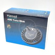 A retail box of Kessil A80 Tuna Blue LED aquarium lighting. The packaging is blue and black, showing an image of the light fixture and control knobs on the front. Text highlights features and the model name.