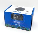 A blue and white box for the Kessil A360X Tuna Blue LED Aquarium Lighting, featuring an image of the light fixture and colorful coral graphics on the bottom.
