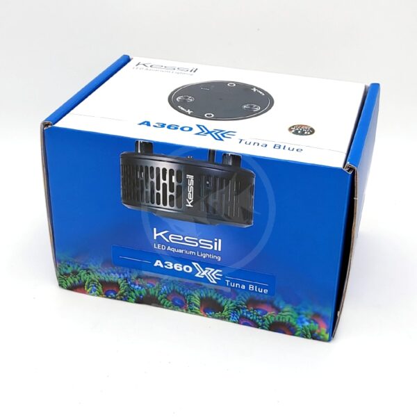 A blue and white box for the Kessil A360X Tuna Blue LED Aquarium Lighting, featuring an image of the light fixture and colorful coral graphics on the bottom.
