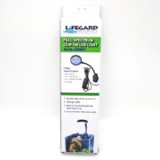 A white box labeled Lifegard Aquatics Full Spectrum Clip-On LED Light with product details, features, and an image of the LED light clipped onto a small aquarium.