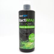 A black bottle of PondMAX BactiMAX+ pond treatment with green and white labeling, claiming to clear water and support beneficial bacteria for all aquatic life. The label states it treats up to 32,000 gallons (121,130L).