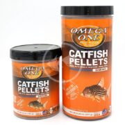 Two containers of OMEGA ONE CATFISH PELLETS, an 8.25 oz and a 4.5 oz, feature orange labels with catfish images. Made with whole seafood, these sinking pellets are ideal for catfish nutrition and care.