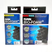 Two boxes of Fluval Bio-Foam+ aquarium filter pads are shown. The left box contains one piece (sizes 106/107, 206/207); the right box contains two pieces (sizes 306/307, 406/407). Both boxes are mostly blue and black.