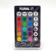 A remote control for Fluval Flex aquarium lights, featuring color buttons, RGB controls, brightness and mode buttons, and the Fluval logo at the top. The remote is wrapped in clear plastic packaging.