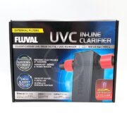 Fluval UVC In-Line Clarifier retail box, highlighting features such as preventing green and cloudy water, fast and easy setup, and compatibility with 100 US gallon aquariums. The product image is shown on the right.
