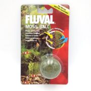 A packaged Fluval Moss Ball for aquariums, with text highlighting its phosphate-trapping feature. The package shows images of shrimp, moss, and aquarium decor, and is labeled for shrimp and fish aquariums.