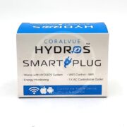 A box of CoralVue HYDROS Smart Plug showing features like WiFi control, energy monitoring, compatibility with HYDROS system, 98ft range, one AC outlet, and mobile control for iPhone & Android.
