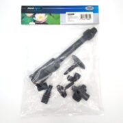 A sealed plastic bag containing black pond fountain parts with a PondMAX label at the top, featuring a water lily image and product information.