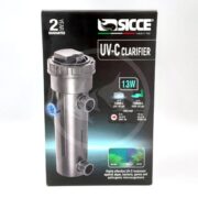 Box of a SICCE UV-C Clarifier with 13W power, featuring product image, 2-year guarantee, and usage details for treating algae, bacteria, germs, and pathogens in aquarium or pond water.