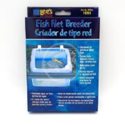 The image displays LEES FISH NET BREEDER packaging, model 10265, with a net enclosure and fish. It highlights water flow design and newborn fish separation, featuring text in English and Spanish.
