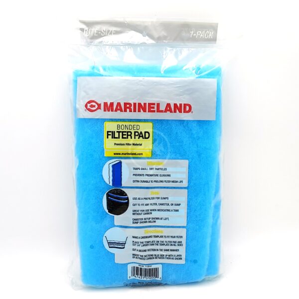 A sealed pack of Marineland Bonded Filter Pad, featuring a blue pad inside clear packaging with product information and usage instructions on the label.