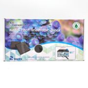 Box of Maxspect Nano-Tech Anaerobic-Block, showing product name, two filter blocks, and graphics indicating use in freshwater and marine aquariums for treating up to 1,000L/264 gal. Background features coral imagery.