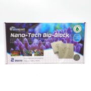 Box of Maxspect Nano-Tech Bio-Block aquarium filter media, showing two blocks on the front, colorful coral background, and text highlighting its use for freshwater and marine aquariums; treats up to 2,350 L.