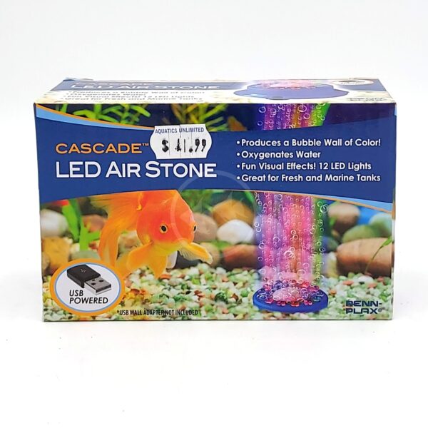 A Cascade LED Air Stone box shows a goldfish and colorful bubbles rising from the air stone. Text highlights features like producing a bubble wall, 12 LED lights, USB powered, and benefits for aquariums. Price sticker reads $14.99.